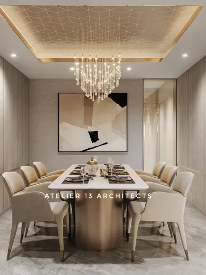 A dining room designed for intimate gatherings, enclosed with wood-paneled walls to create a cozy, cocoon-like effect. A delicate crystal chandelier and a gold-leaf ceiling detail add a touch of opulence from above.