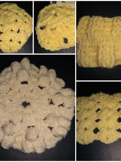 A collage of different textured crochet samples in yellow and cream, showing puffy stitches and 3D effects.