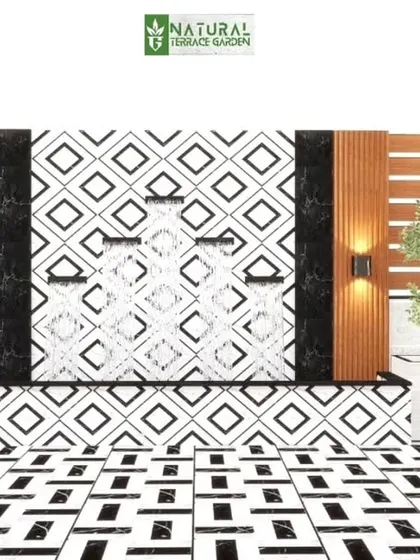 A bold and modern water feature concept with a cascading waterfall over geometric tiles, flanked by wood-paneled walls.