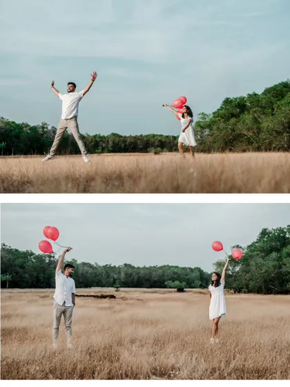 A playful collage with the couple jumping for joy and posing with red balloons in a wide-open field.