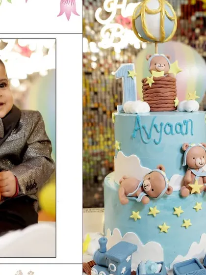 A photo album style layout showing the birthday boy next to his elaborate, themed cake. I offer custom album designs to preserve your memories.