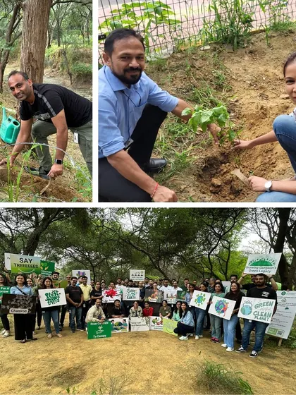 A collage capturing the energy of the Fidelity International team as they plant native species like Bistendu and Adusa to restore the Aravali ecosystem.