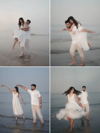 More candid moments from a fun-filled beach session. From piggyback rides to dancing by the waves, these photos capture the genuine laughter and joy that make your relationship unique.