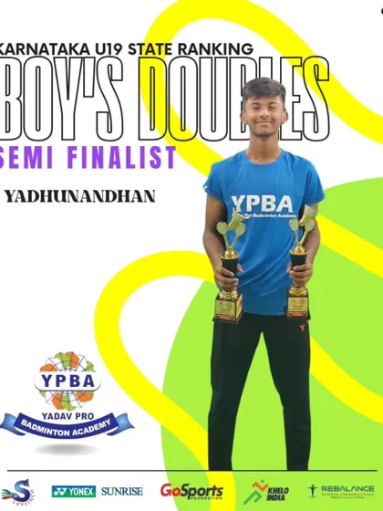 Yadhunandhan celebrating his semi-finalist finish in the Boy's Doubles category at the Karnataka U19 & Senior State Ranking tournament in Mangalore.