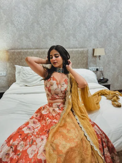Another angle of the floral lehenga, highlighting its beautiful print.