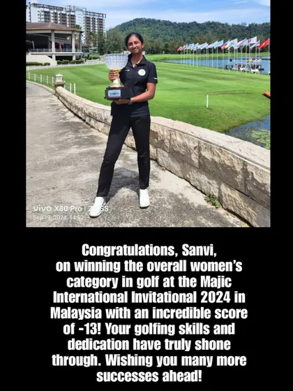 Congratulations to our A3 performer, Sanvi, on her incredible win in the women's category at the Majic International Invitational 2024 for golf. Her dedication to our golf performance training program paid off.