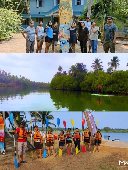 A collage showing the complete Mulki experience, from the surf club to the team ready with their paddles in the backwaters.