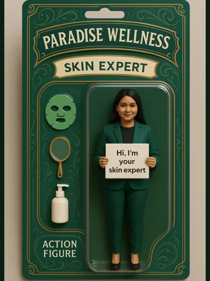 A fun take on our role as your personal skin expert. This "action figure" represents our commitment to being your go-to partner on your journey to glowing, healthy skin.