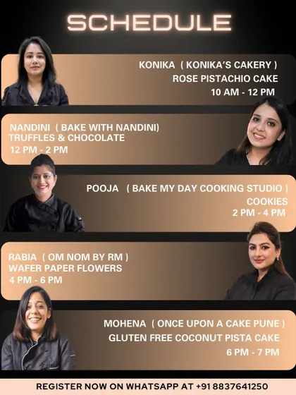 Here's the full schedule for our action-packed Cake-A-Thon. Plan your day of learning with back-to-back sessions on Rose Pistachio Cake, Truffles, Cookies, and more, all taught by industry experts.