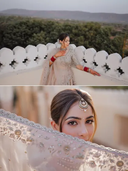 A collage of bridal portraits capturing different moods and angles at The Jaibagh Palace.
