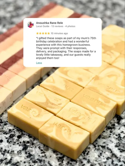 We love showcasing feedback from our clients. This 5-star review was for a custom order of 50-gram soap bars we made as birthday party favors.