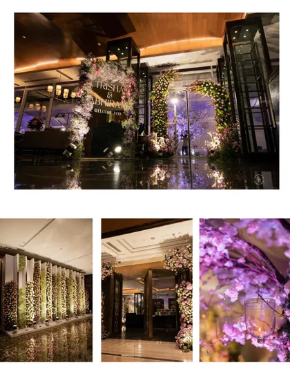A collage showcasing the lavish and beautiful floral decor of a wedding reception, from the entrance arch to the table settings.