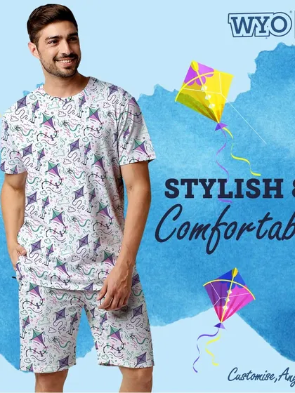 A stylish and comfortable co-ord set with a kite pattern, perfect for celebrating Makar Sankranti with ease and flair.