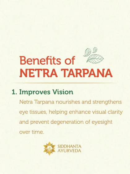 Digital eye strain is a common complaint I address. This graphic highlights a key benefit of Netra Tarpana, an Ayurvedic therapy that nourishes eye tissues to improve vision and provide relief from screen-induced fatigue.