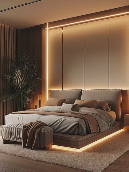 A luxurious bedroom concept combining rich wood textures with soft upholstery. The design features a tall, paneled headboard with vertical LED light strips, creating a dramatic and elegant focal point.