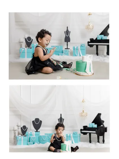 More moments from the stylish Tiffany-themed cake smash, capturing the fun of digging into the cake.