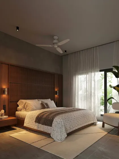 A bedroom design featuring a fluted wooden headboard that extends across the wall. The room has a warm, inviting feel with soft lighting and sheer curtains.