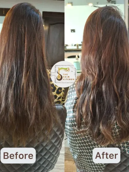 No blow-dry needed for this frizz-free finish. After a consultation and a healthy haircut, just two drops of my customized plant-based Argan frizz tamer were used to achieve this smooth, natural look.