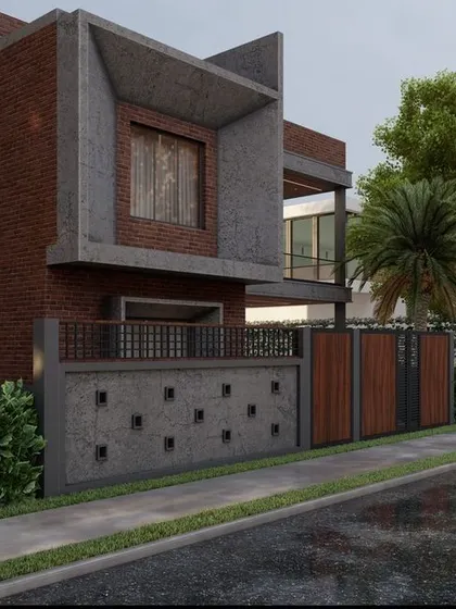 This architectural render for a client in Shimoga showcases a design that blends brick and concrete. The unique window framing and compound wall with ventilation blocks add character and texture.