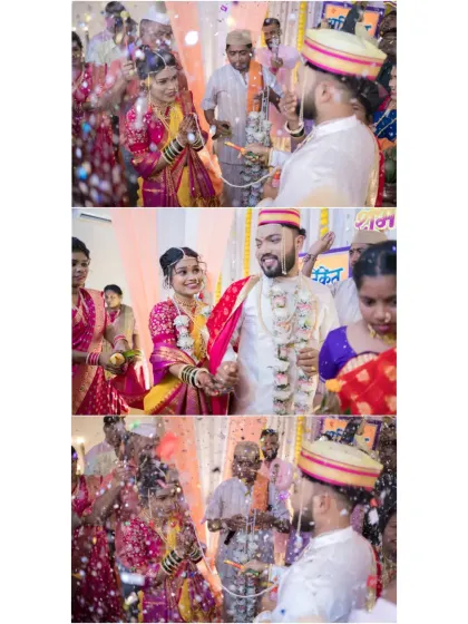 A collage capturing the akshata (rice shower) ritual, where the couple is blessed by their family and friends.