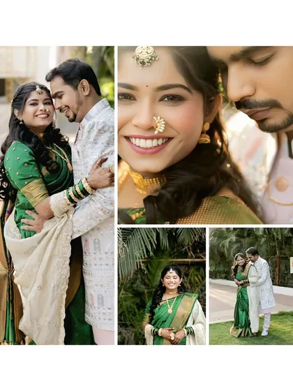 A collage of beautiful moments from an engagement shoot. It showcases the couple's happiness and the bride's elegant look in a traditional green saree.