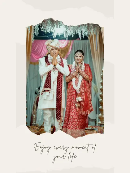 A respectful and traditional portrait of the couple with hands joined in 'namaste'. The image conveys a sense of gratitude and shared values.