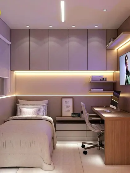 A full view of the compact bedroom and study, demonstrating a complete solution for small spaces.