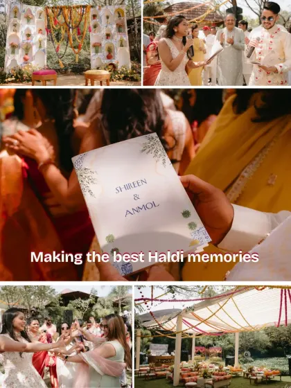 A collage capturing the essence of a Haldi celebration: the floral backdrop, the couple's personalized ceremony booklet, and guests dancing and celebrating together.