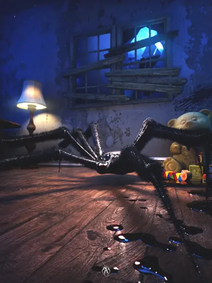 A giant spider named Aragog, designed for a home invasion horror scenario. I focused on making it look hairy and realistic, placing it in a child's bedroom to heighten the sense of vulnerability and fear.