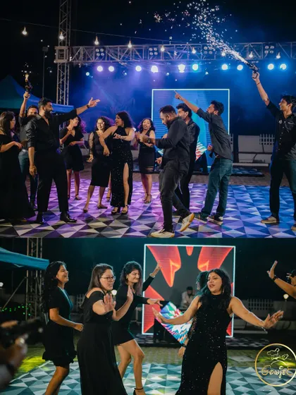 A collage of guests dancing on a checkered floor at a fun after-party or Sangeet.
