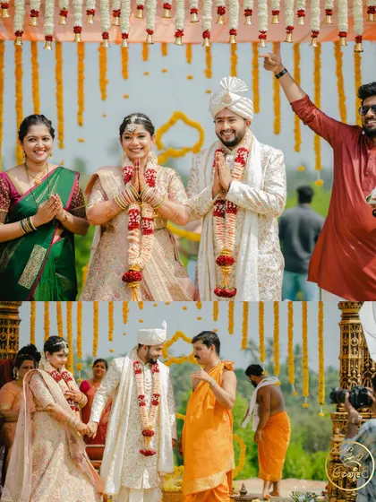 A collage of happy moments from the wedding ceremony, showing the couple's interactions with family and guests.