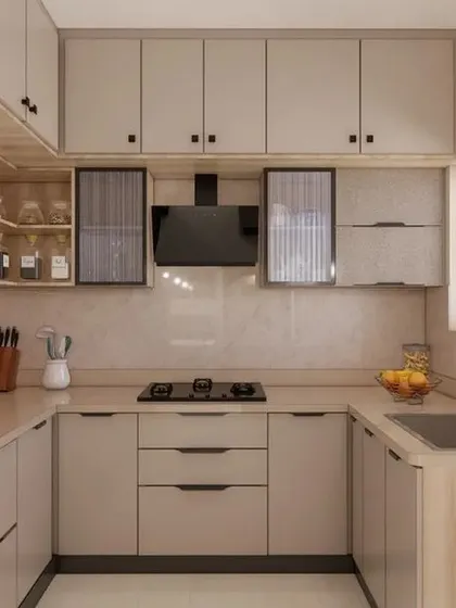 A detailed view of the L-shaped kitchen layout from our 3D design. It highlights the efficient placement of the sink, hob, and refrigerator, ensuring a practical and ergonomic workspace.
