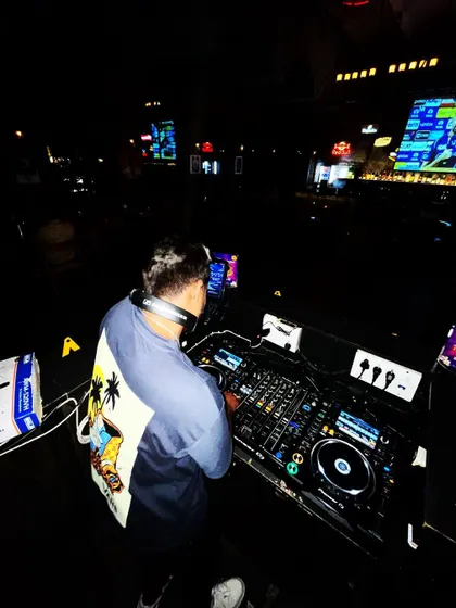 A shot from behind me at an outdoor event. This shows my versatility in playing at different types of venues, day or night.