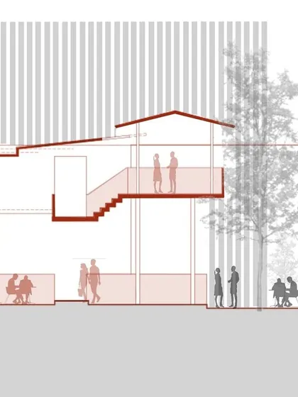 A detailed section showing the multi-level design with an upper-floor seating area connected by an open staircase. This allows for varied dining experiences and views across the complex.