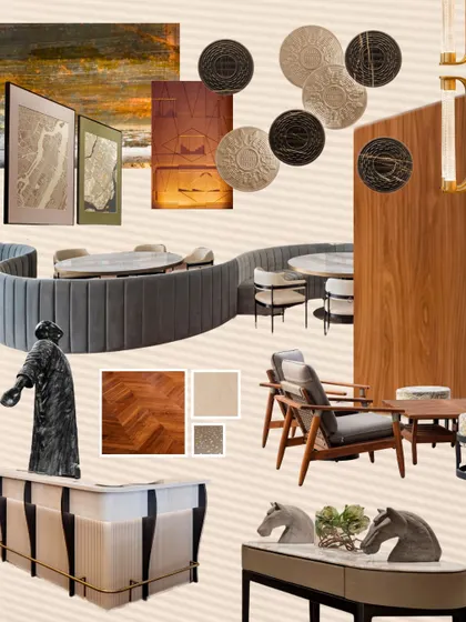 This mood board was central to our design process for the Elevate Clubhouse. It shows our tactile exploration of materiality, blending refined textures like clay-clad walls, Botticino stone, and rich wood to create a layered narrative of earthy sophistication.