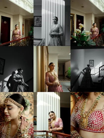 A comprehensive grid of the bride's portraits, showcasing her in various poses and lighting conditions. This collage highlights her beauty and the artistic quality of the photography.