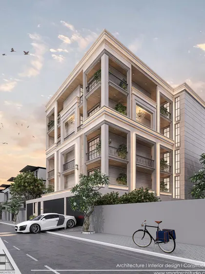 A corner perspective of the East Punjabi Bagh residence, showing the depth and layering of the façade. The consistent use of classical proportions and detailing creates a cohesive and elegant building.