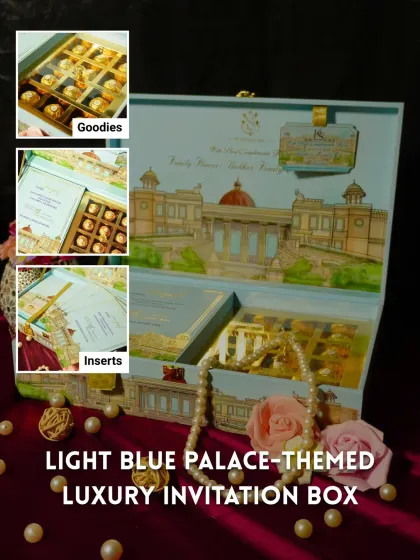 Announce your wedding with a touch of architectural splendor. This light blue palace-themed luxury invitation box features a 3D pop-up design and compartments for treats like Ferrero Rocher chocolates.