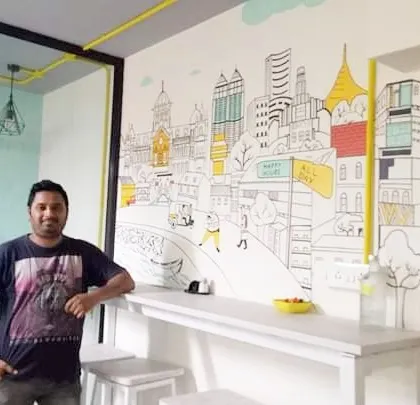 A custom doodle-style cityscape mural I created for a small office space. This kind of art is perfect for adding personality and a touch of fun to a workspace, and it can be customized to feature any city or theme you can imagine.