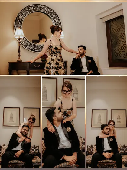 A playful and romantic collage of the couple in a regal indoor setting. These shots showcase their fun-loving personalities and the elegant backdrop of their venue.