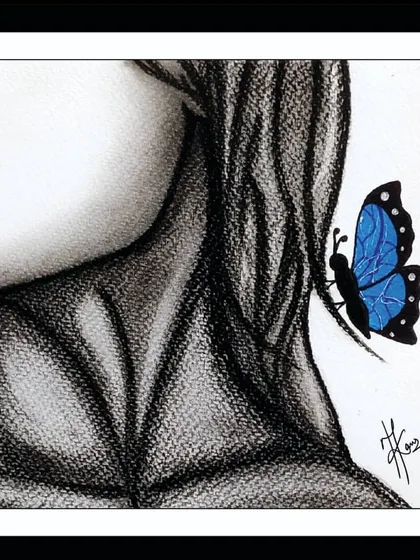 This piece is about finding color in a black and white world. I used charcoal to create the soft, textured sketch of the form and then added a single, vibrant blue butterfly in watercolor to represent those fleeting, beautiful moments in life.