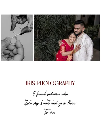 Another collage from the same engagement, showing a black and white detail of the ring and a color portrait of the happy couple.