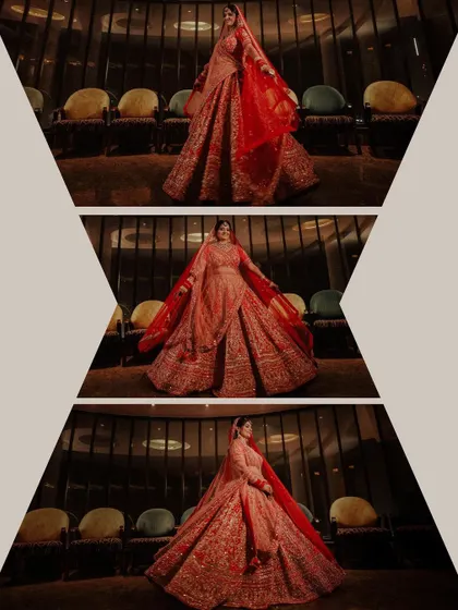 A geometric collage showcasing the bride's grand lehenga from different angles. This composition emphasizes the beautiful flare and intricate details of her wedding dress.