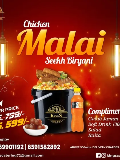 For those who love creamy flavors, my Chicken Malai Seekh Biryani bucket is a must-try. This 3kg bucket serves 4-5 people and comes with complimentary gulab jamun, a soft drink, salad, and raita.