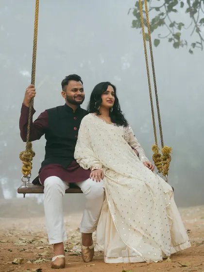 The simple wooden swing in our garden is a favorite for many couples. On a misty morning, it becomes an incredibly dreamy and serene setting for a pre-wedding photoshoot.
