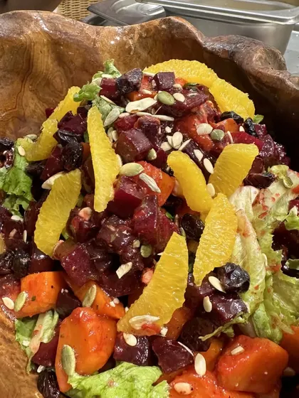 Even our salads are a feast for the senses. This beautiful bowl is filled with roasted beets, carrots, fresh oranges, and seeds, part of a vegetarian grazing table we created for Shahid and Mira Kapoor.