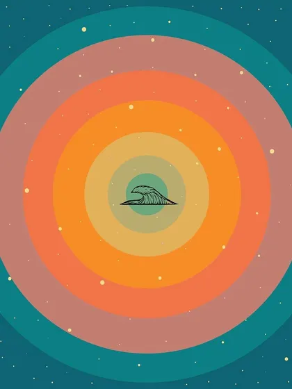 A graphic element designed for the "Tempos Futuros" LP by Alex Malheiros. This minimalist design, featuring a wave within concentric circles, acts as a visual motif that ties together the album's themes of cosmic sound waves and coastal vibes.