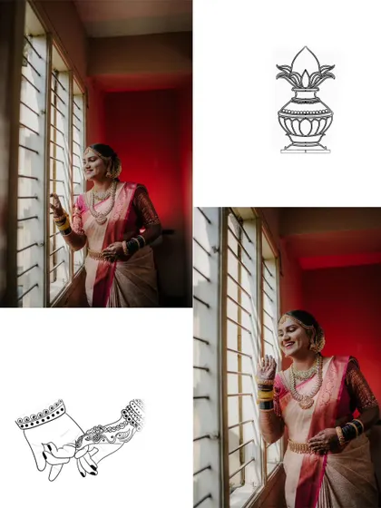 An artistic portrait of the bride looking out a window, combined with symbolic wedding illustrations.