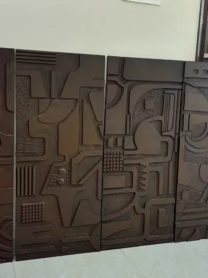 The full set of four wooden panels together in my studio. This gives a sense of the impressive scale of the complete 6.3-foot-wide installation.