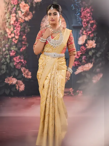 The complete bridal ensemble against a beautiful floral backdrop. I work with you to ensure every element, from the makeup to the jewelry, comes together perfectly.